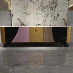 Art Deco Luxury TV Stand with White Marble Top Color Block Panels and Fluted Black Doors